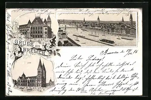 Lithographie Bremen, Hafen, Gerichstgebäude, Dom