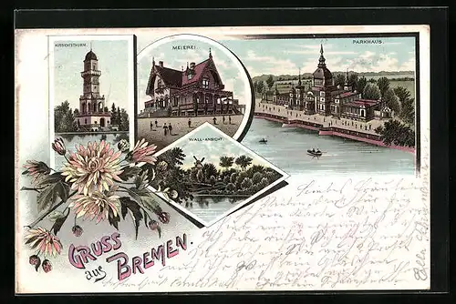 Lithographie Bremen, Meierei, Parkhaus, Wall-Ansicht, Blumen