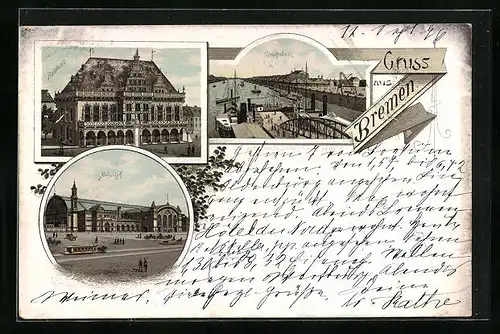Lithographie Bremen, Rathhaus, Bahnhof, Freihafen
