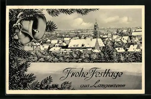 Künstler-AK Langenzenn, Panorama des Ortes im Schnee, Tannenzweig mit Glöckchen - Weihnachtsgruss