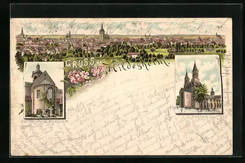 Lithographie Hildesheim, Panorama der Stadt, 100-jähriger Rosenstock, Dom