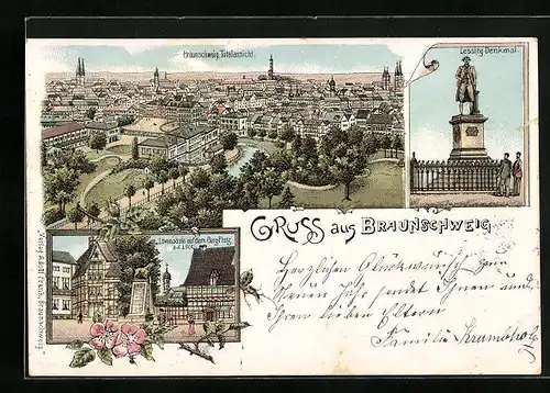 Lithographie Braunschweig, Löwensäule auf dem Burgplatz, Lessing-Denkmal, Totalansicht