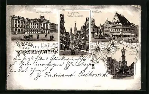 Lithographie Braunschweig, Residenzschloss, hagenbrücke u. Catharinen-Kirche, Kohlmarkt