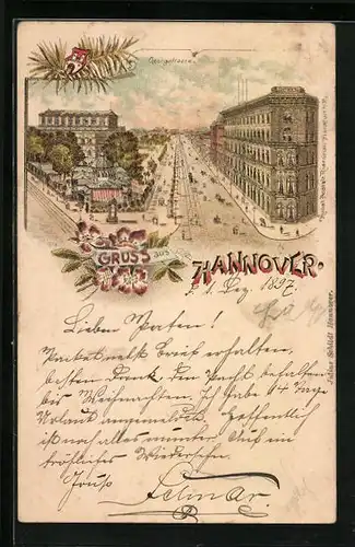 Lithographie Hannover, Georgstrasse aus der Vogelschau