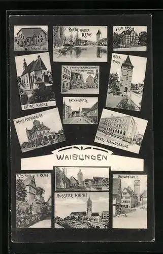 AK Waiblingen, Strassenpartie am Hochwachtturm, Turnhalle, Villa Hess