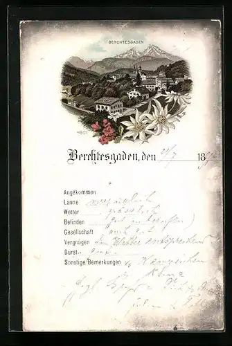 Lithographie Berchtesgaden, Totalansicht mit Gebirge