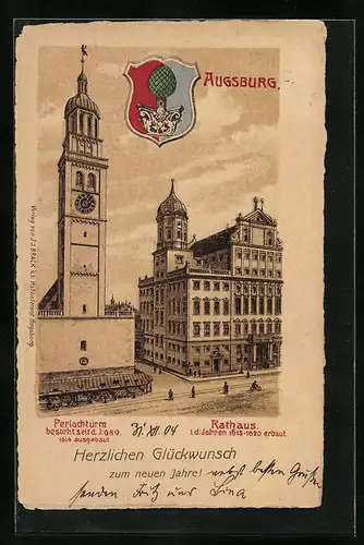 Lithographie Augsburg, Rathaus u. Perlachturm