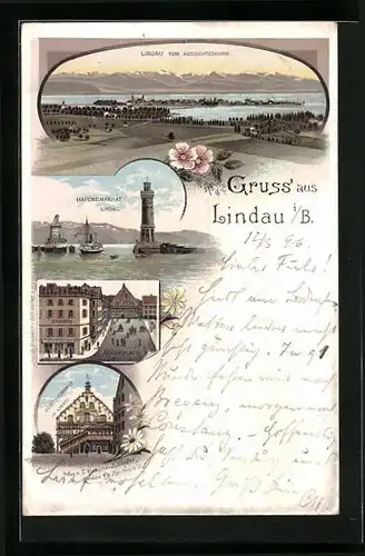 Lithographie Lindau i. B., Reichsplatz, Altes Rathaus, Hafeneinfahrt