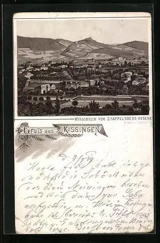 Lithographie Kissingen, Totalansicht vom Staffelberg aus