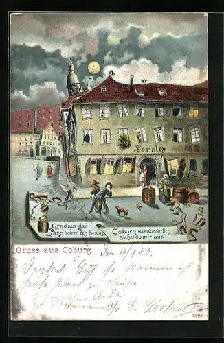 Wirtshaus-AK Coburg, Gasthaus Loreley aus der Sicht eines Betrunkenen