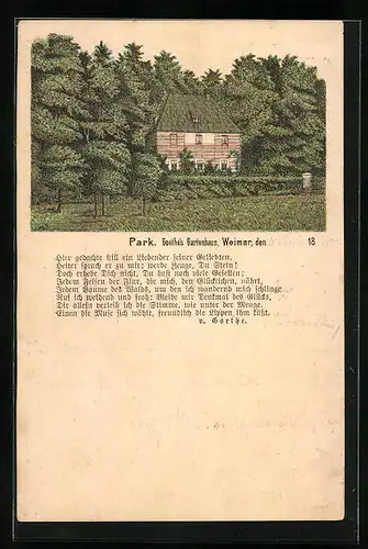Lithographie Weimar, Goethe`s Gartenhaus im Park