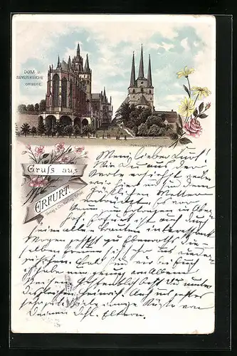 Lithographie Erfurt, Dom und Severikirche, Ostseite