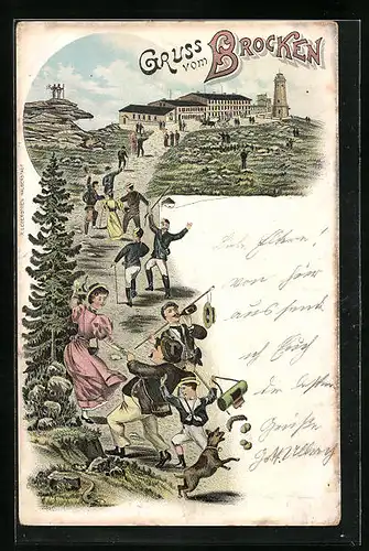 Lithographie Brocken, Besucherstrom zum Gipfel, Hotel und Aussichtsturm