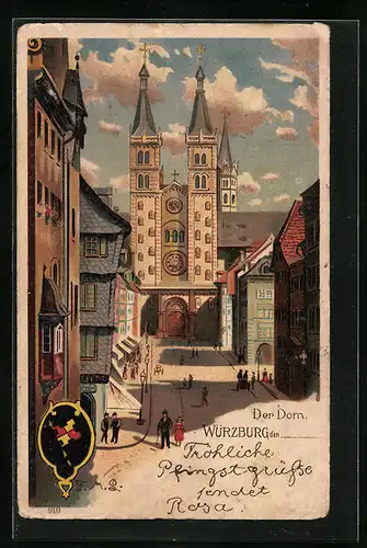 Lithographie Würzburg, Strassenpartie mit Domblick