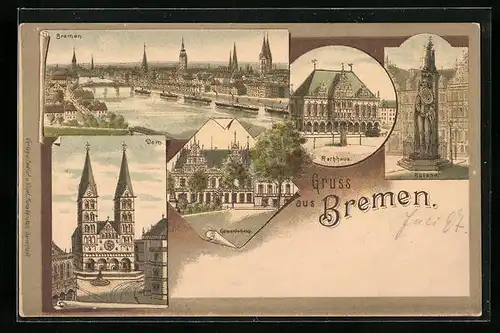 Lithographie Bremen, Gewerbehaus, Roland, Dom, Rathaus