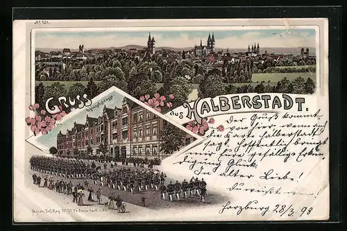 Lithographie Halberstadt, Ortsansicht, Spiegelstrasse mit marschierenden Soldaten