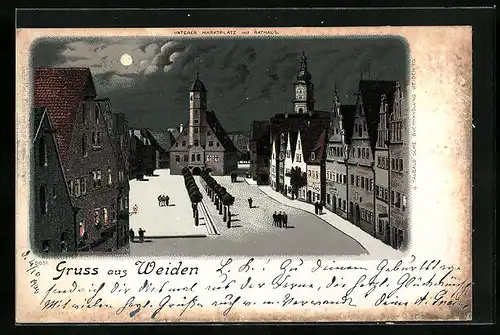 Mondschein-Lithographie Weiden, Unterer Marktplatz mit Rathaus