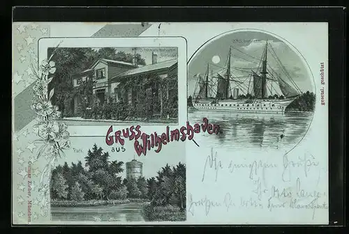 Lithographie Wilhelmshaven, J. Schmidts Restaurant Giftbude, Park, S. M. S. Gneisenau