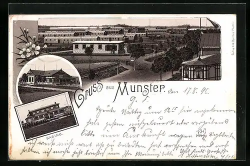 Lithographie Munster, Kaserne, Bahnhof, Kasino