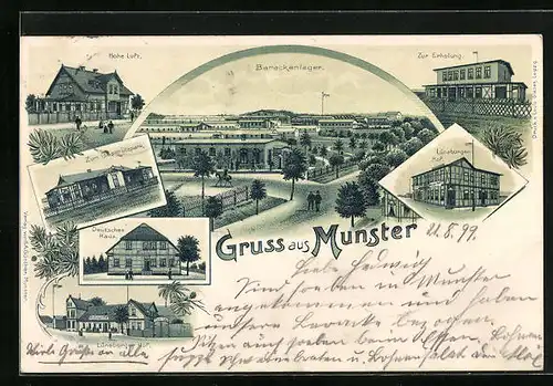 Lithographie Munster, Barackenlager, Deutsches Haus, Lüneburger Hof, Zum Geschützpark