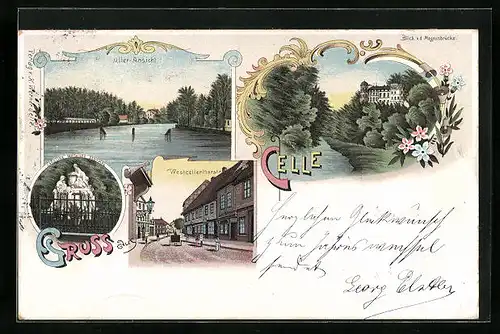 Lithographie Celle, Aller-Ansicht, Blick v. d. Magnusbrücke, Westcellerthorstrasse