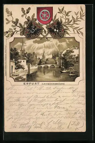 Passepartout-Lithographie Erfurt, Idyll an der Lehmannsbrücke, Wappen