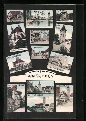 AK Waiblingen, Turnhalle, Villa Hess, Neues Schulgebäude