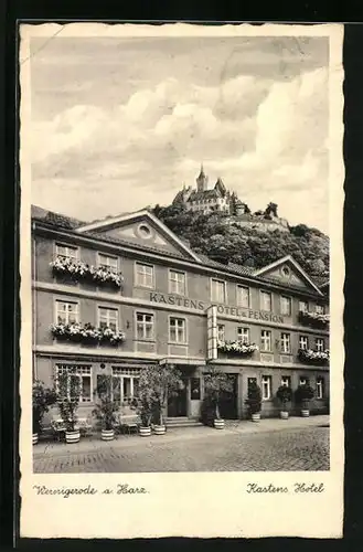 AK Wernigerode /Harz, Kastens Hotel mit Blick zum Schloss