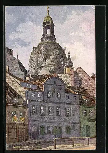 Künstler-AK Dresden, Mittmanns Restaurant und Frauenkirche