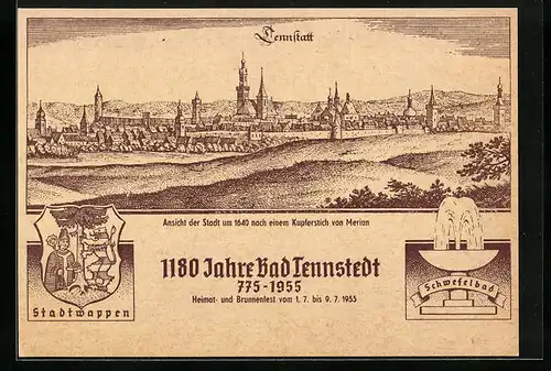 Künstler-AK Bad Tennstedt, 1180 Jahrfeier der Stadt 1955, Ortsansicht anno 1640