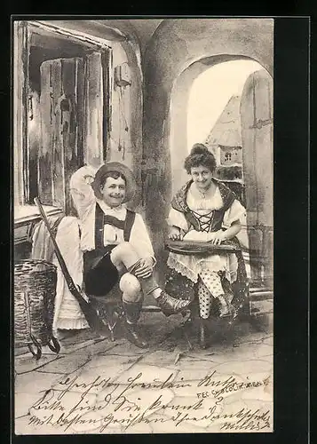 Künstler-AK Charles Scolik: Lachendes Paar in der Bauernstube