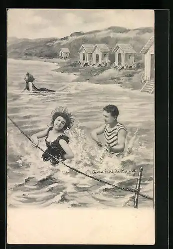 Künstler-AK Charles Scolik: Badespass im See, Umkleidewagen