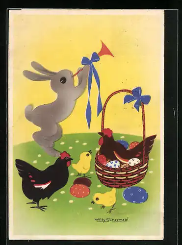 Künstler-AK Willy Schermele: Huhn mit Ostereiern, Hase