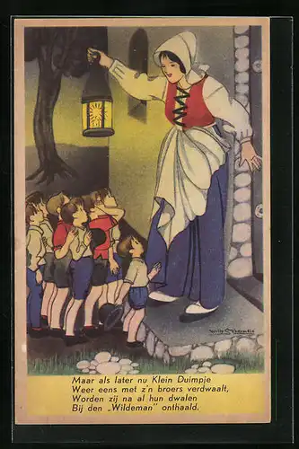 Künstler-AK Willy Schermele: Däumling mit seinen Brüdern beim Wildenmann