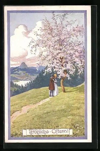 Künstler-AK Ernst Kutzer: Küssendes Paar unter blühendem Baum
