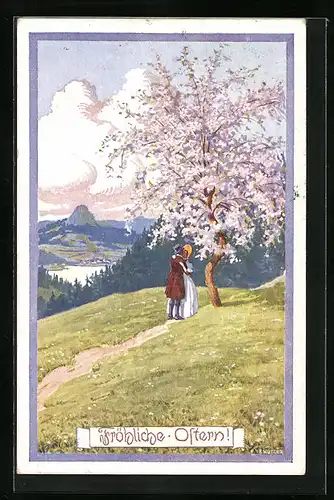 Künstler-AK Ernst Kutzer: Edel gekleidetes Liebespaar während der Apfelblüte