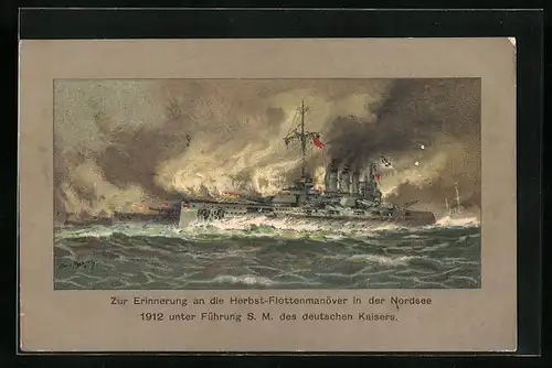 Künstler-AK Hans Bohrdt: Herbst-Flottenmanöver in der Nordsee 1912, feuerndes Kriegsschiff