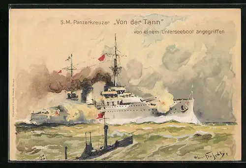 Künstler-AK Hans Bohrdt: SM Panzerkreuzer Von der Tann wird von einem U-Boot angegriffen