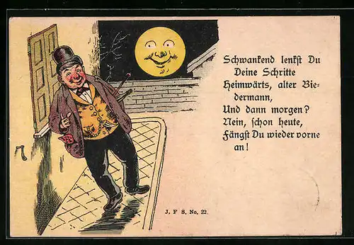 Vorläufer-Lithographie Saarbrücken, 1889, Betrunkener vor dem Haus bei Mondschein, Trinkerhumor