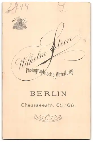 Fotografie Wilhelm Stein, Berlin, Chausseestr. 65 /66, Kleinkind im gestreiften Kleid mit Spielzeugpferd steht auf Bank