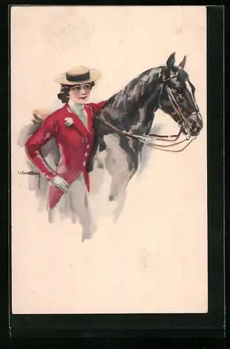 Künstler-AK Luis Usabal: Reiterin nebst ihrem Pferd