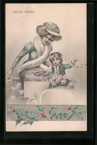 Künstler-AK Mutter und Kind im Auto