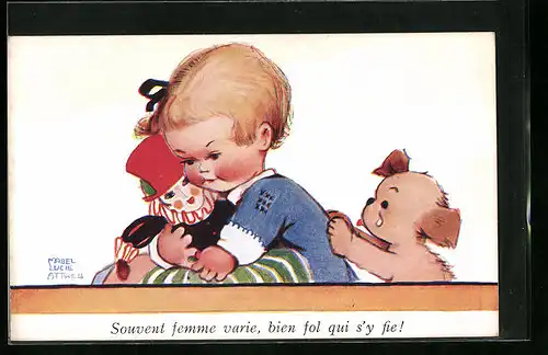 Künstler-AK Mabel Lucie Attwell: Kleinkind mit Puppe und Hund