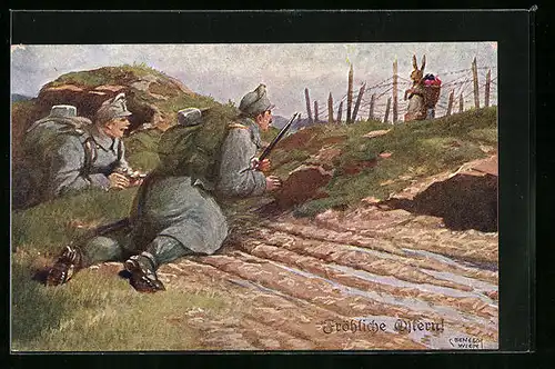 Künstler-AK C. Benesch: Soldaten beobachten Osterhase im Stacheldrahtverhau