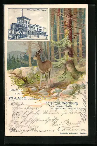 Lithographie Hamburg-Harburg, Hotel zur Wartburg, Rehbock in der Haake