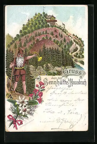 Lithographie Hamburg-Hausbruch, Gasthaus Sennhütte und Rübezahl