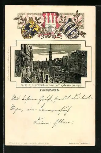 Passepartout-Lithographie Hamburg, Fleet bei der Reimersbrücke mit Katharinenkirche, Wappen