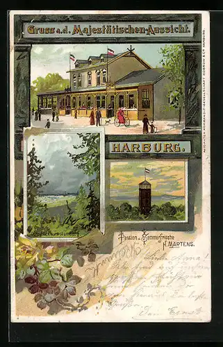 Lithographie Hamburg-Harburg, Restaurant zur Majestätischen Aussicht, Aussichtsturm