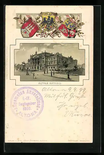 Passepartout-Lithographie Hamburg-Altona, Rathaus, Wappen der Stadt