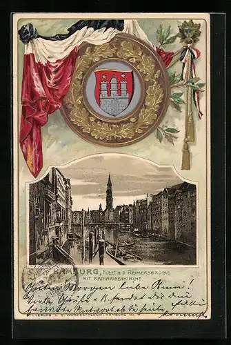 Passepartout-Lithographie Hamburg, Fleet bei der Reimersbrück mit Katharinenkirche, Stadt-Wappen